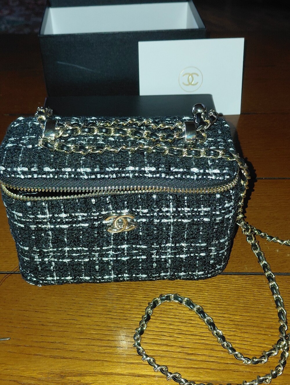 CHANEL beaute VIP vanity Black/white Textured Tweed Fabric Bag, Chain Strap& Box